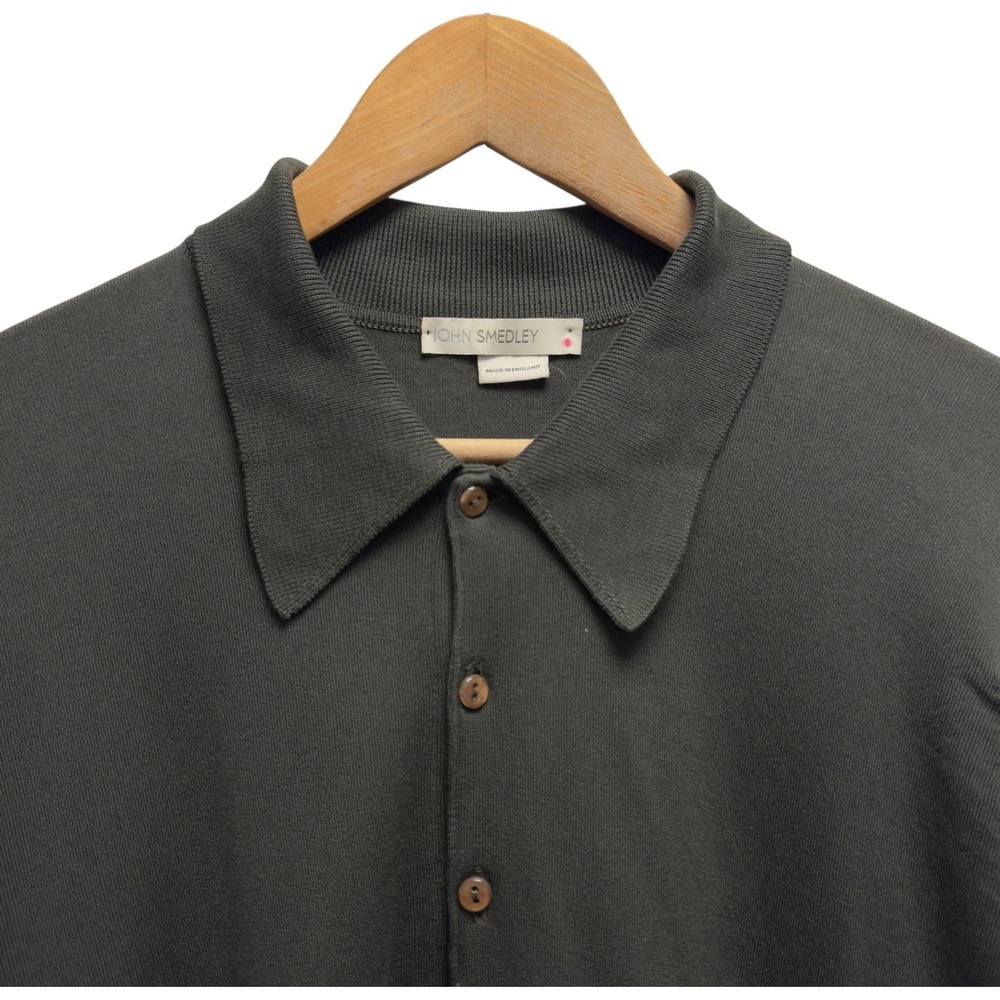 John Smedley Mens Sz Large Green Sea Island Cotton Knit Lightweight Sweater Polo